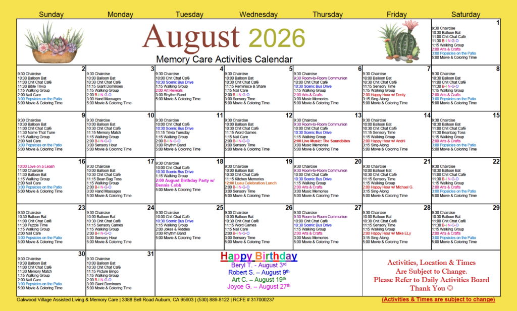 August Memory Care activity calendar