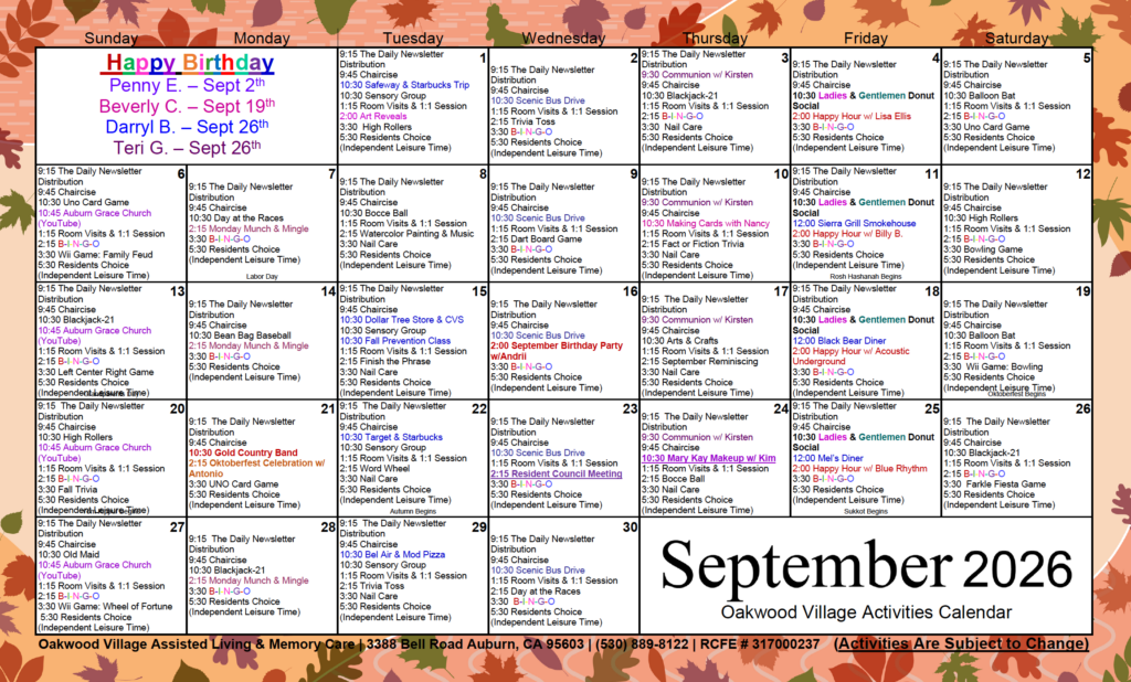 September Assisted Living Calendar