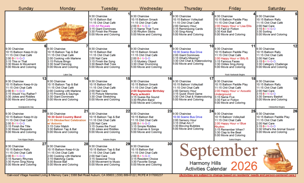 HH September Memory Care Calendar