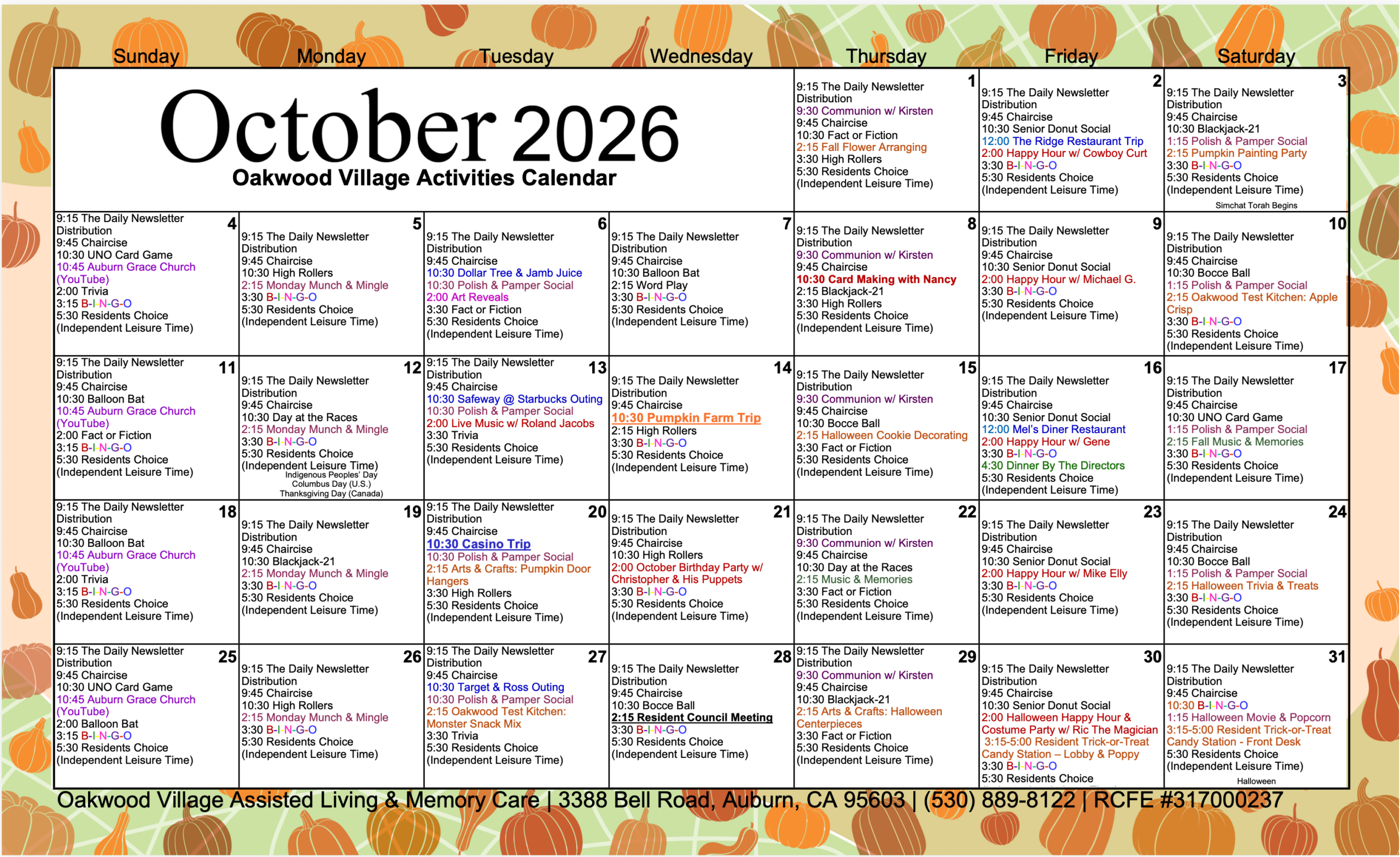 Oakwood Village Oct. 2026 activities calendar