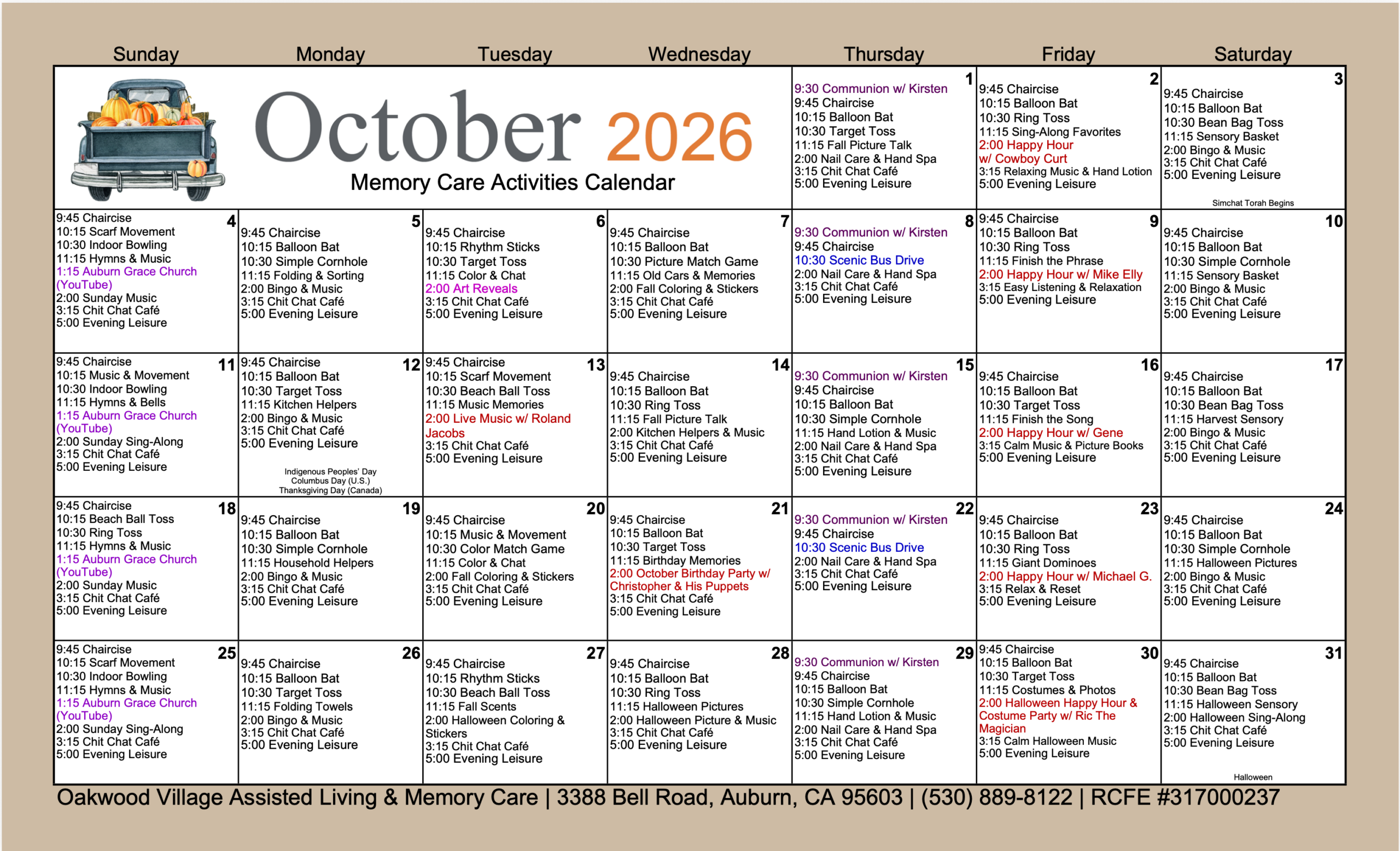 Oakwood Village Memory Care Oct. 2026 Calendar