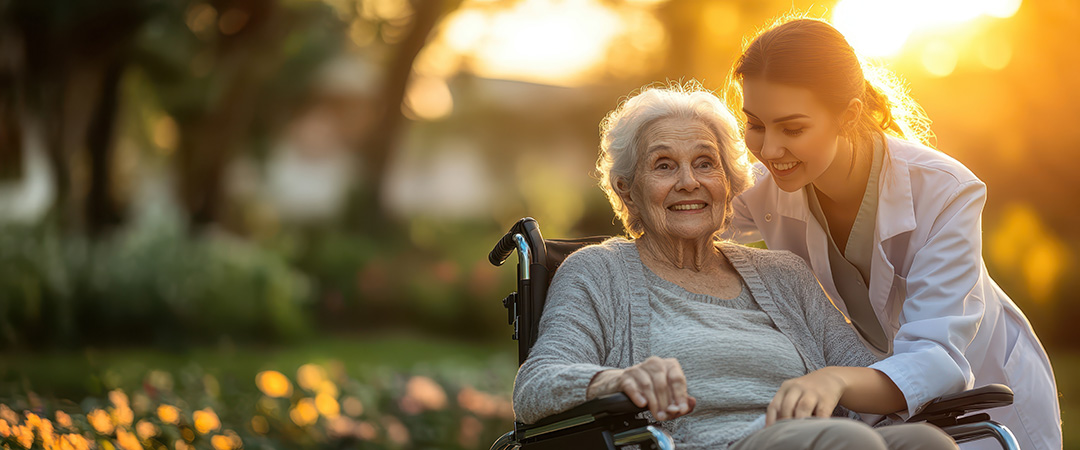 Caregiver outside with woman in wheelchair at sunset