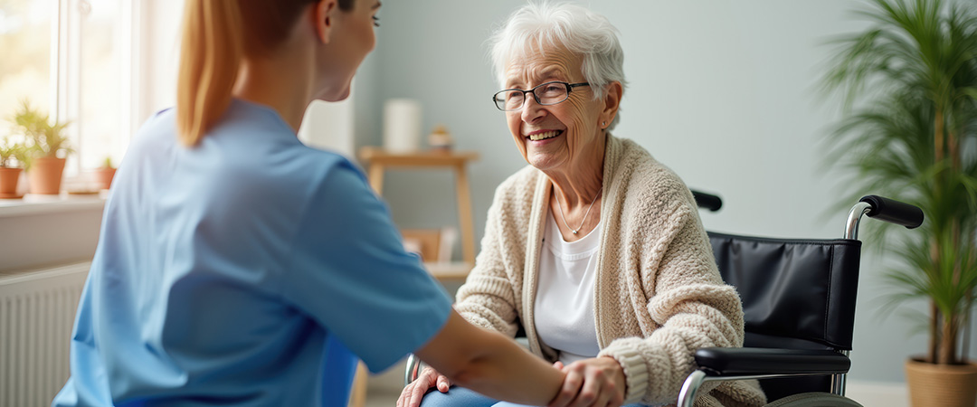 Caregiver holding the hands of woman in cardigan sweater and wheelchair.