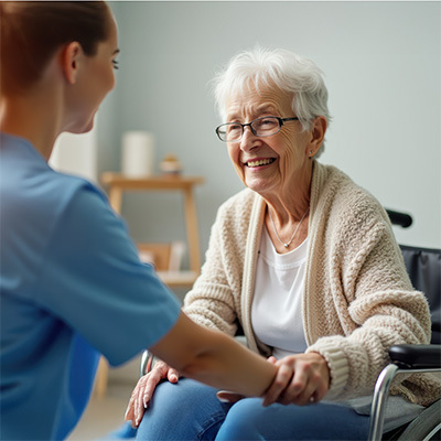 Caregiver holding hands of senior woman in wheelchair