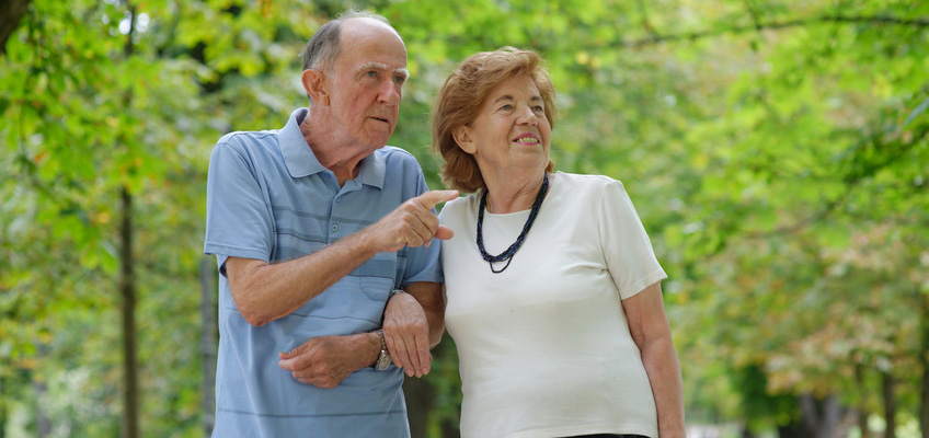 Man pointing out something to his wife while on a walk in the woods