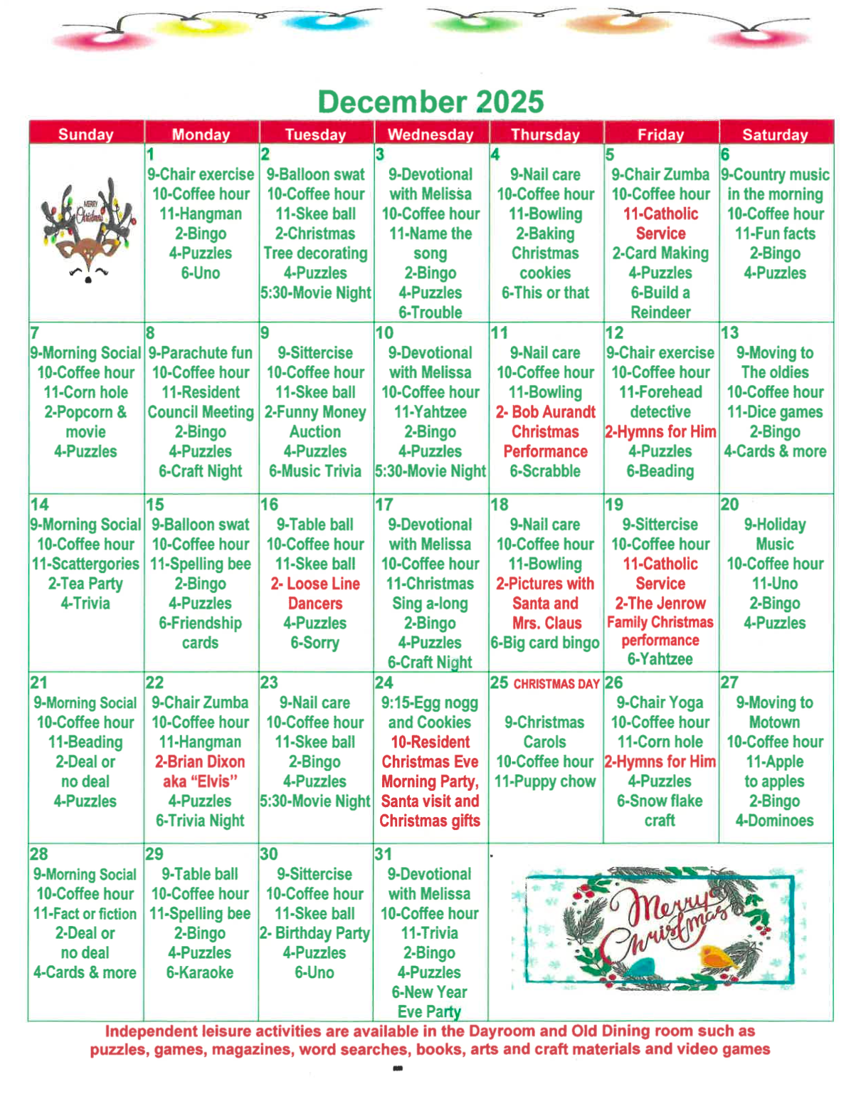Argentine Care Center December activity calendar