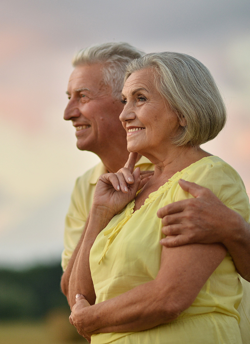 an elderly couple looking at the sunset